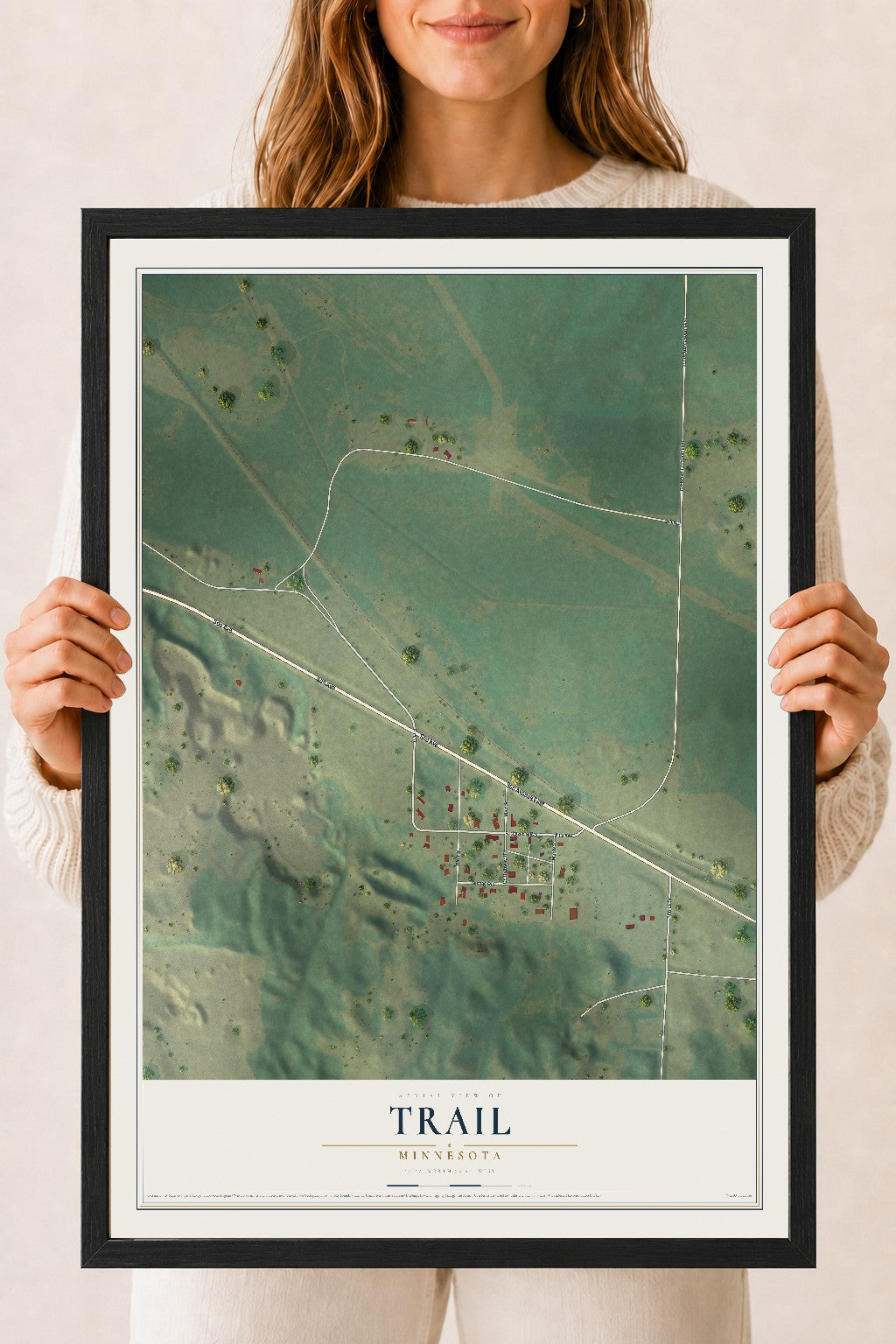 Map of Trail, Minnesota, 18 x 24 inch print in a black wood frame