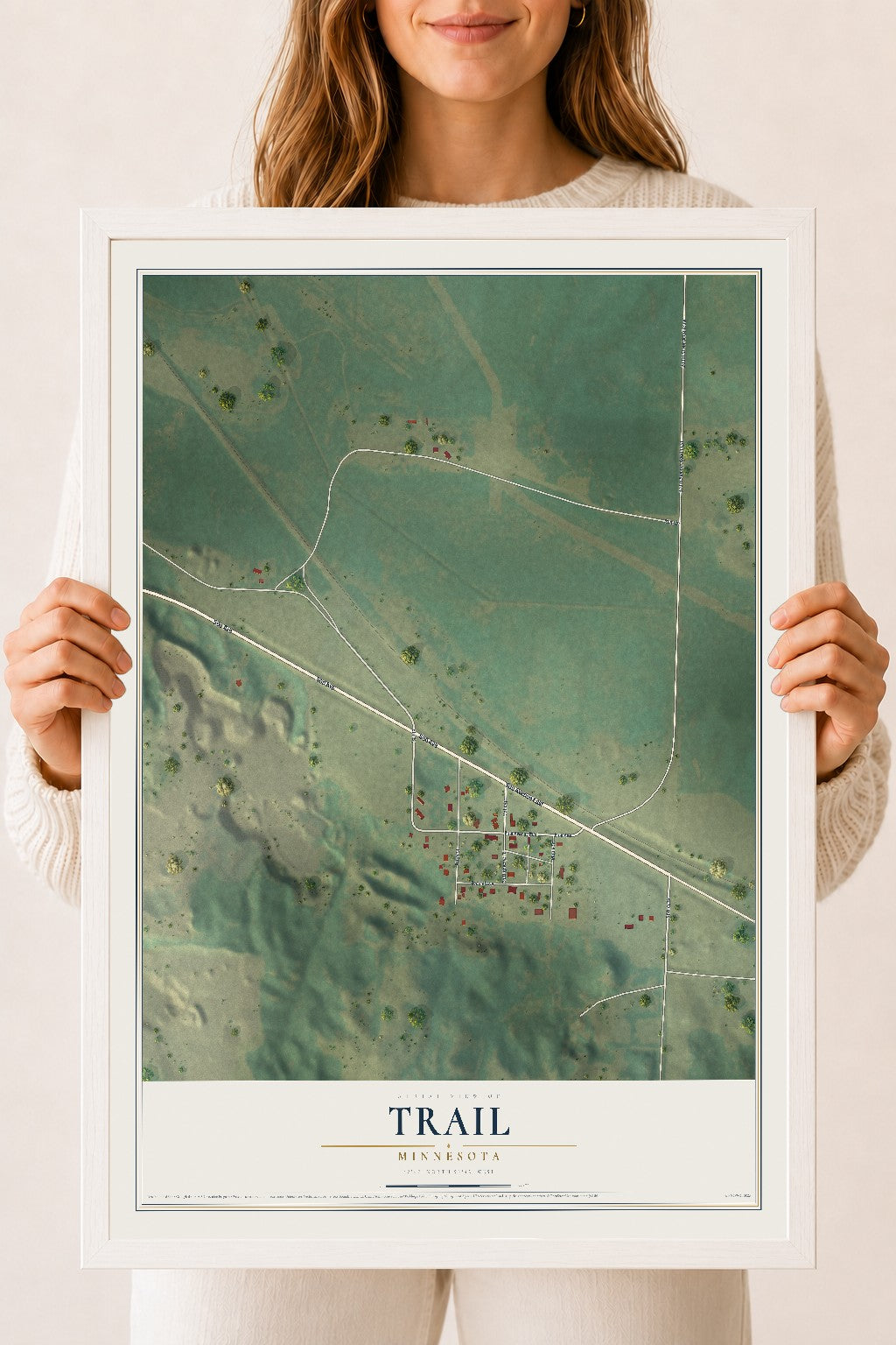 Map of Trail, Minnesota, 18 x 24 inch print in a white wood frame