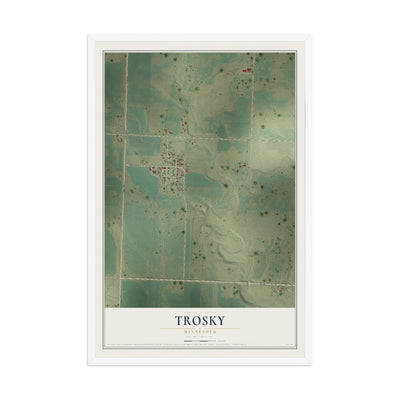 Map of Trosky, Minnesota, 12 x 18 inch print in a white wood frame