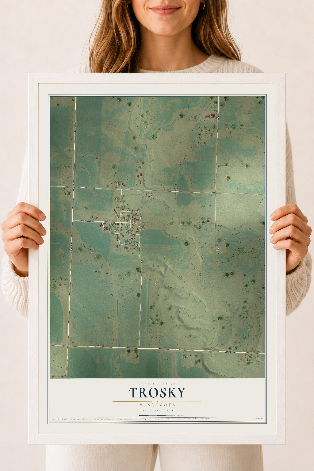Map of Trosky, Minnesota, 18 x 24 inch print in a white wood frame