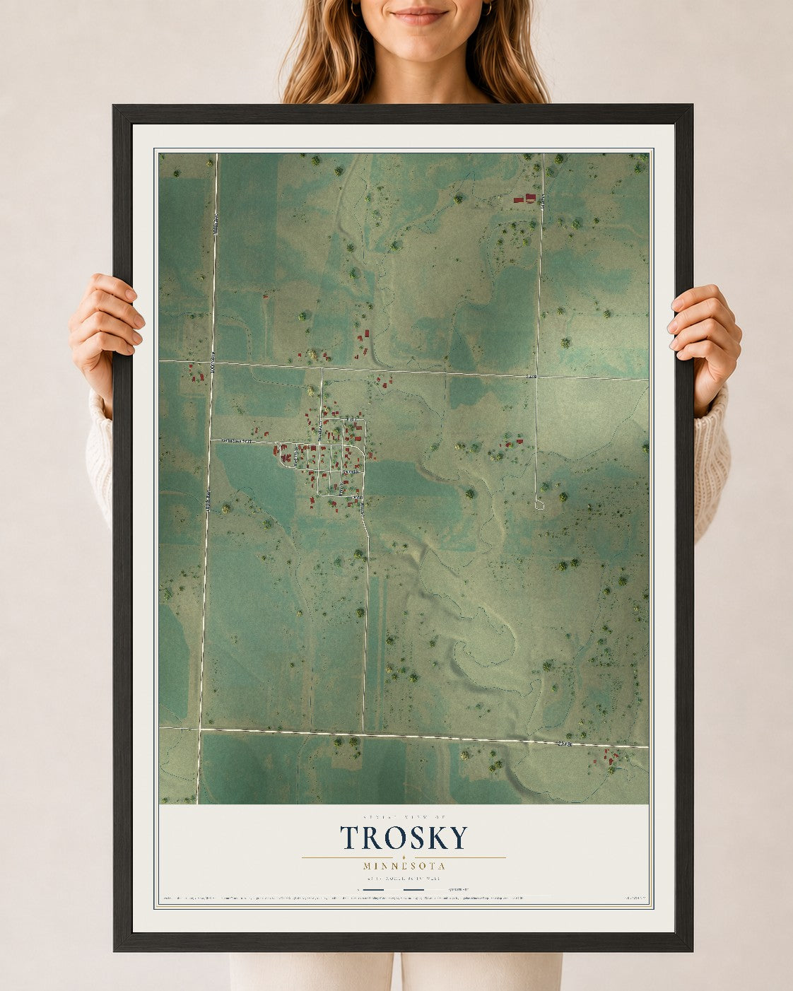 Map of Trosky, Minnesota, 24 x 36 inch print in a black wood frame