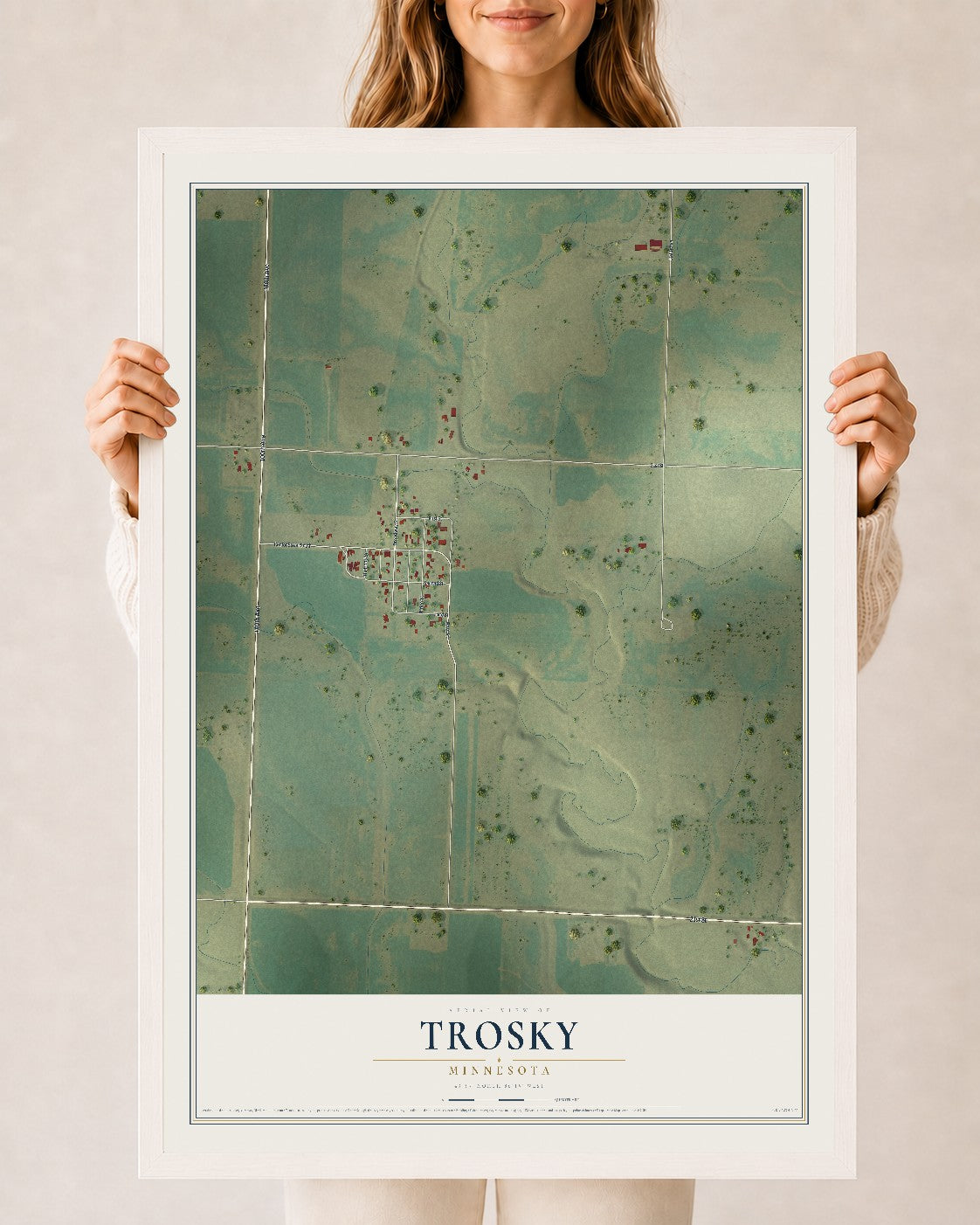 Map of Trosky, Minnesota, 24 x 36 inch print in a white wood frame
