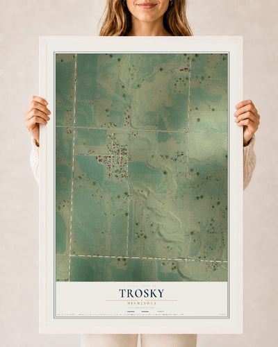 Map of Trosky, Minnesota, 24 x 36 inch print in a white wood frame