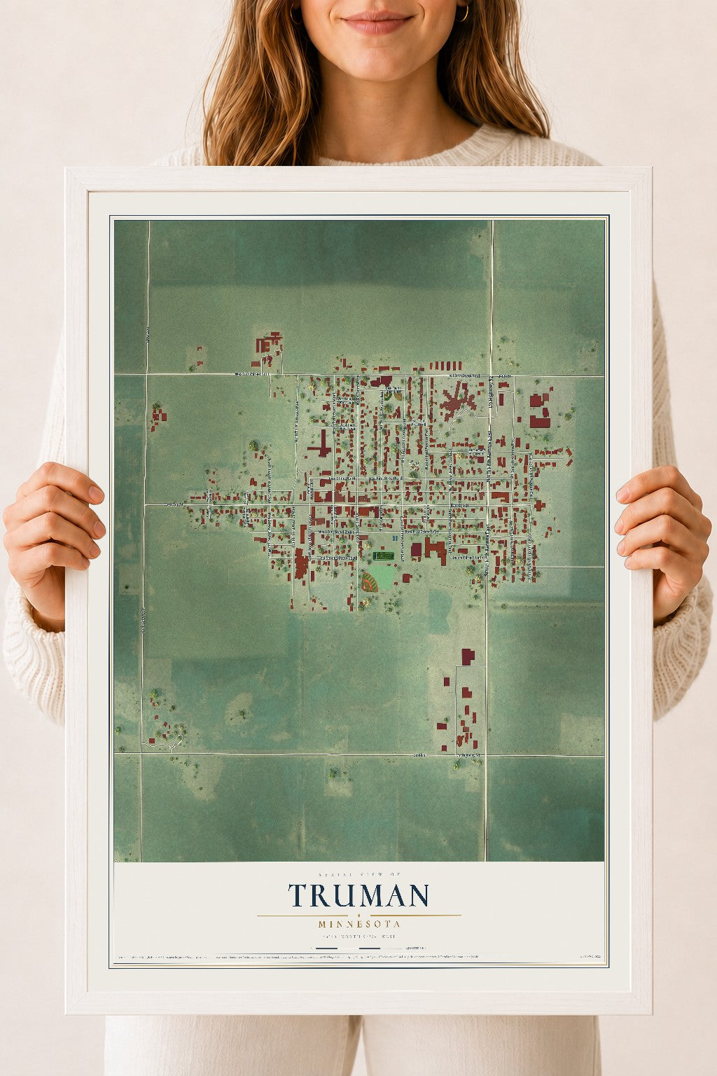 Map of Truman, Minnesota, 18 x 24 inch print in a white wood frame