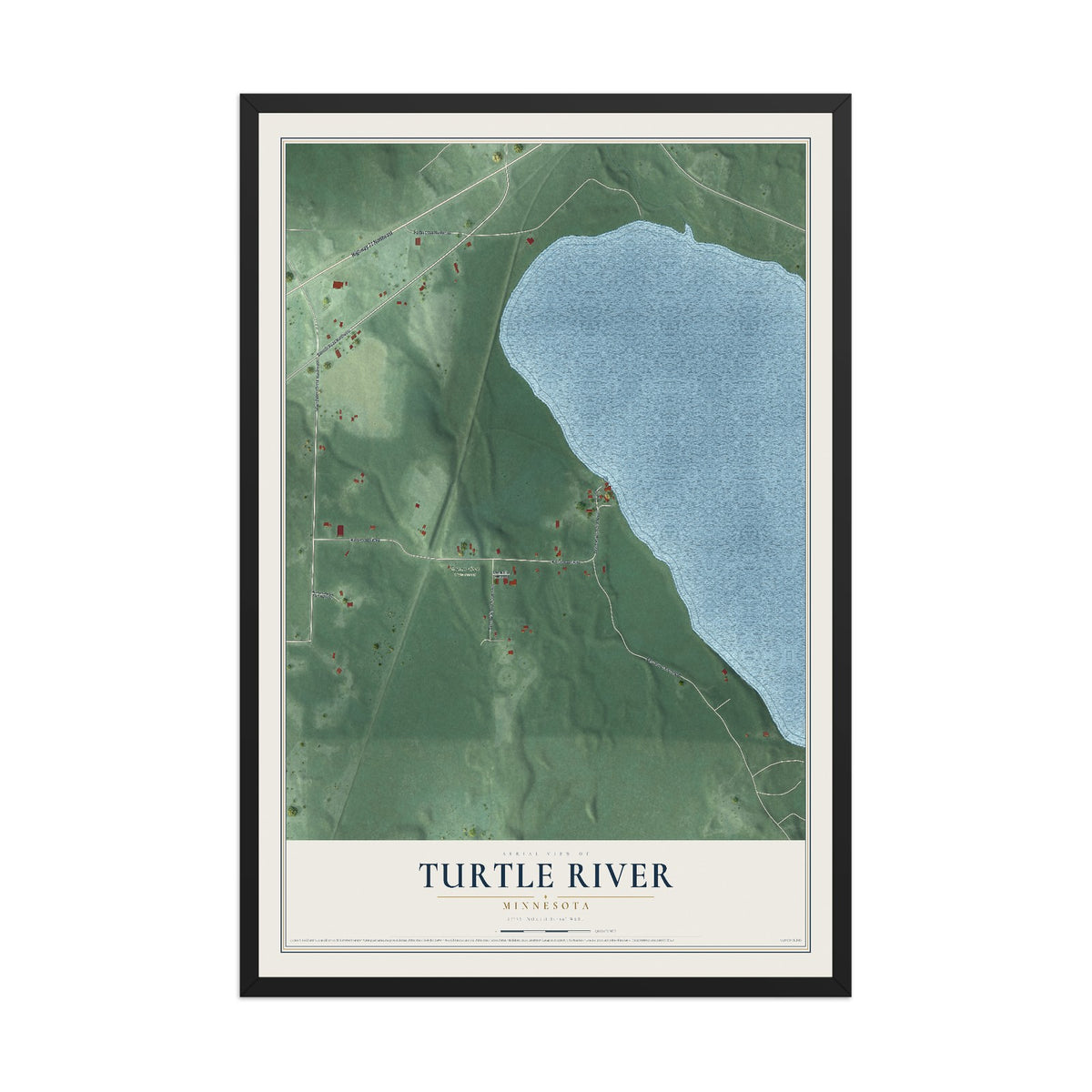 Map of Turtle River, Minnesota, 12 x 18 inch print in a black wood frame