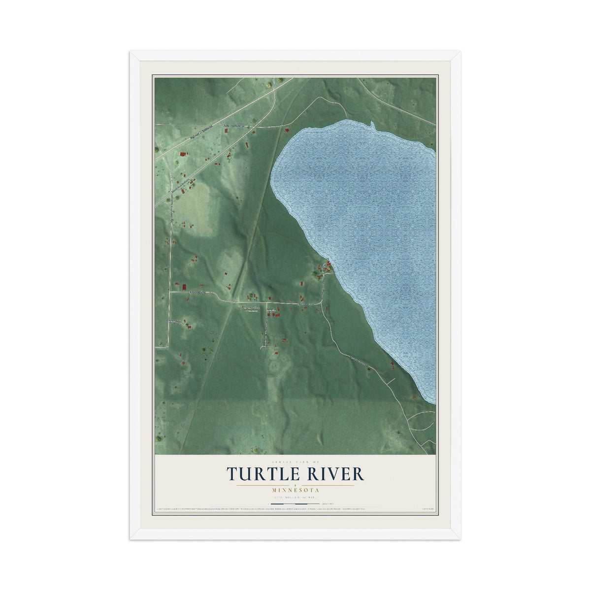 Map of Turtle River, Minnesota, 12 x 18 inch print in a white wood frame