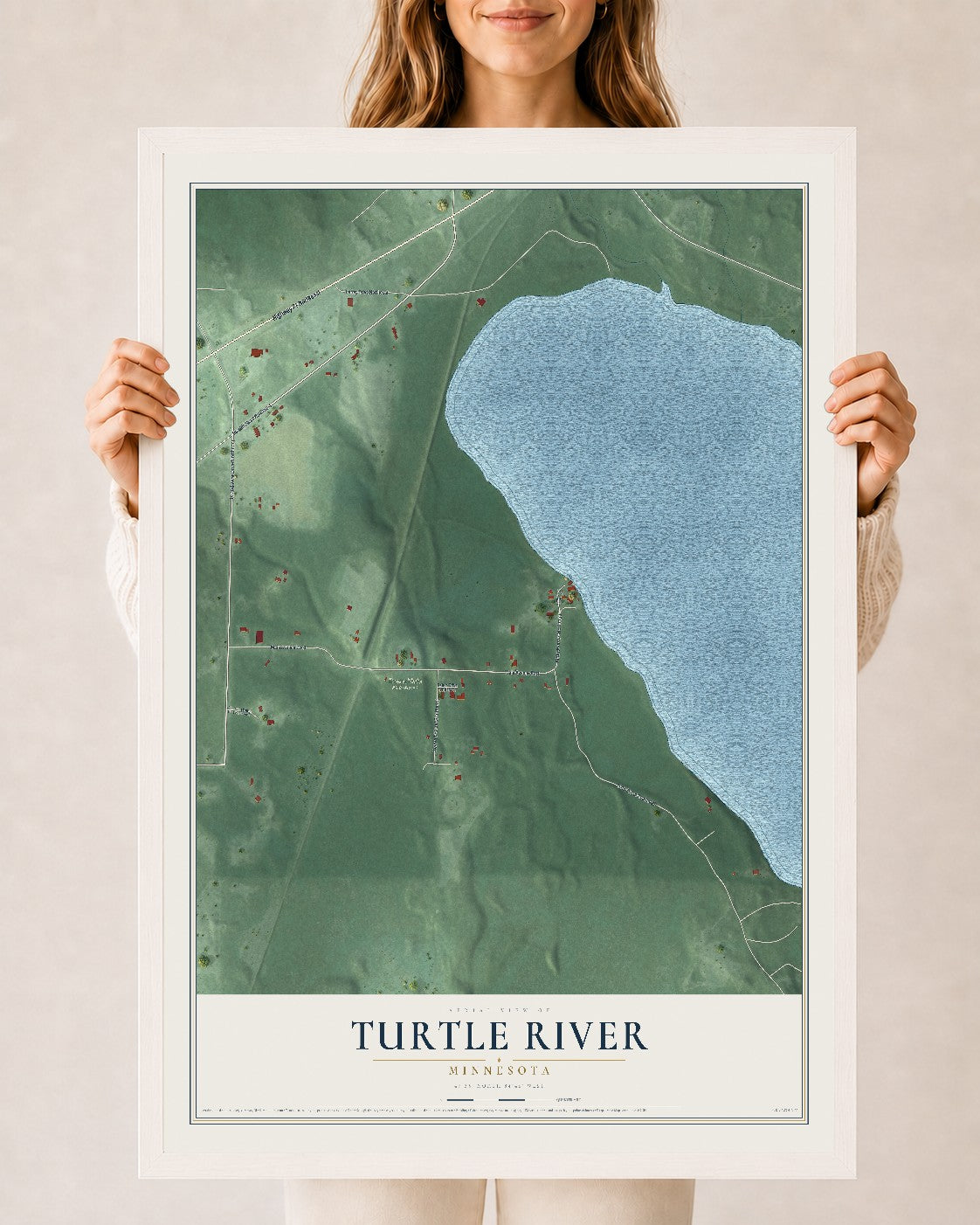 Map of Turtle River, Minnesota, 24 x 36 inch print in a white wood frame