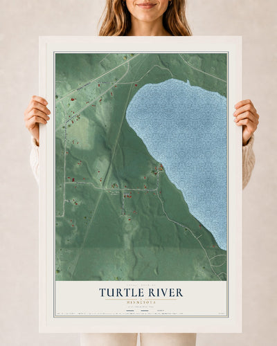 Map of Turtle River, Minnesota, 24 x 36 inch print in a white wood frame