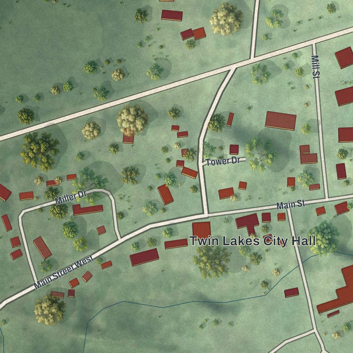 Close-up of the map of Twin Lakes, Minnesota print showing street and building detail