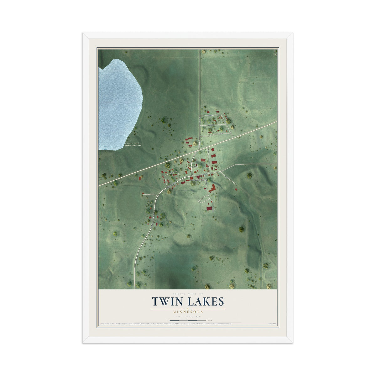 Map of Twin Lakes, Minnesota, 12 x 18 inch print in a white wood frame