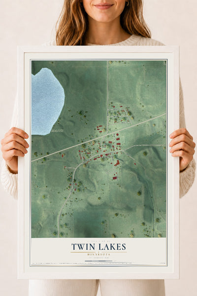 Map of Twin Lakes, Minnesota, 18 x 24 inch print in a white wood frame