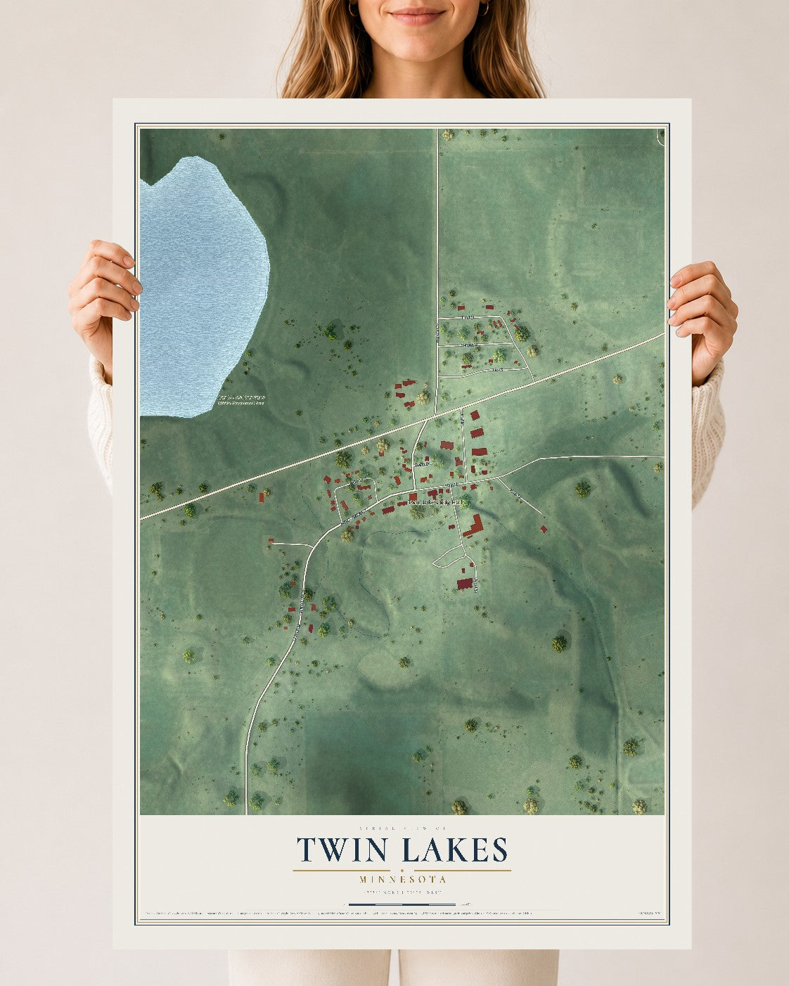 Map of Twin Lakes, Minnesota, 24 x 36 inch unframed archival matte print