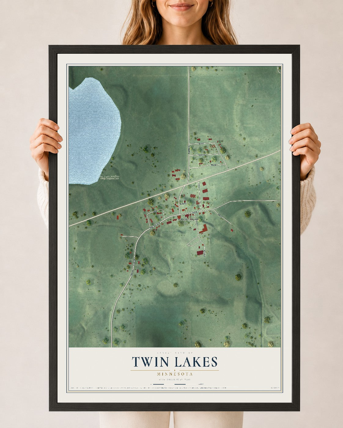 Map of Twin Lakes, Minnesota, 24 x 36 inch print in a black wood frame