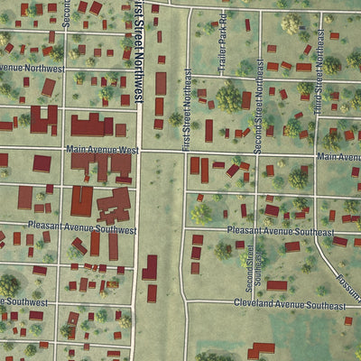 Close-up of the map of Twin Valley, Minnesota print showing street and building detail