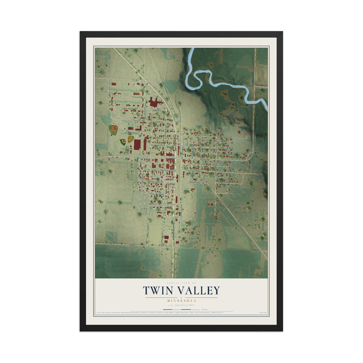 Map of Twin Valley, Minnesota, 12 x 18 inch print in a black wood frame