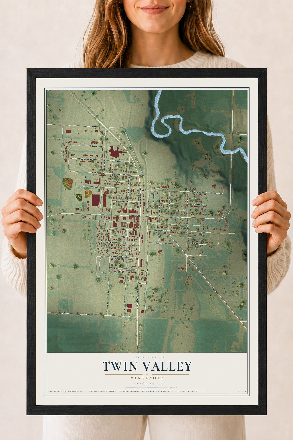 Map of Twin Valley, Minnesota, 18 x 24 inch print in a black wood frame