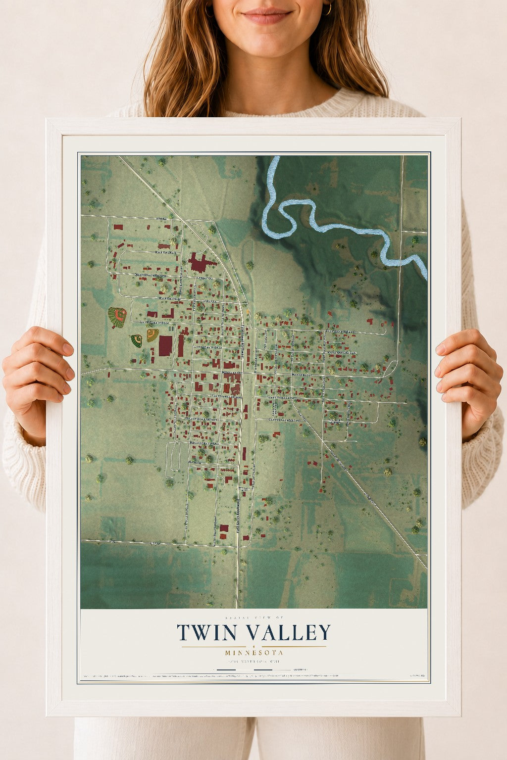 Map of Twin Valley, Minnesota, 18 x 24 inch print in a white wood frame