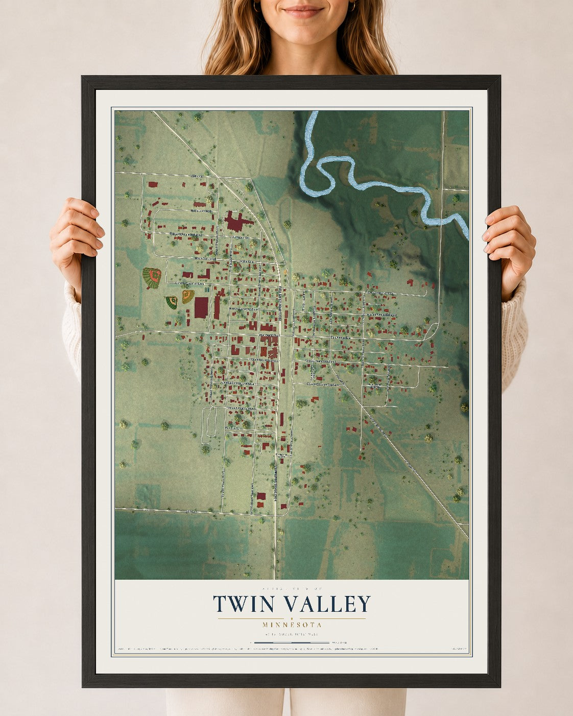 Map of Twin Valley, Minnesota, 24 x 36 inch print in a black wood frame