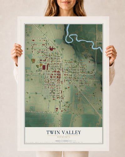 Map of Twin Valley, Minnesota, 24 x 36 inch print in a white wood frame