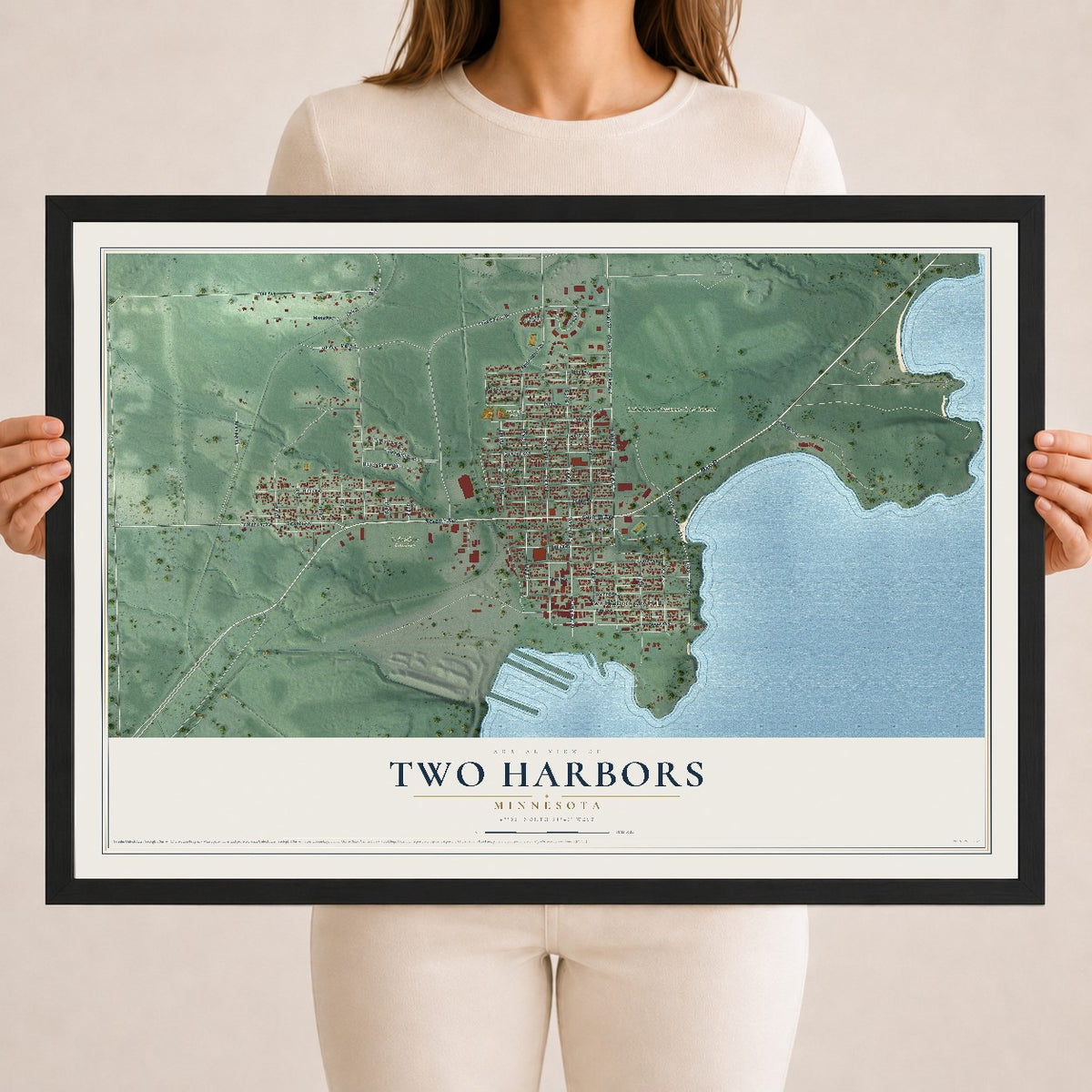 Map of Two Harbors, Minnesota, 18 x 24 inch print in a black wood frame