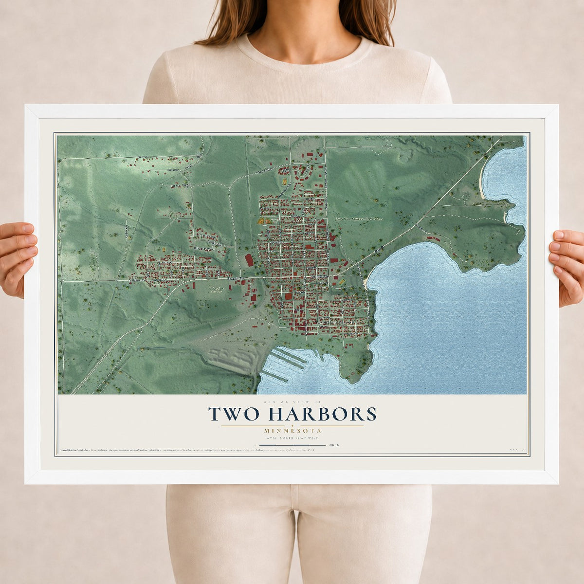 Map of Two Harbors, Minnesota, 18 x 24 inch print in a white wood frame