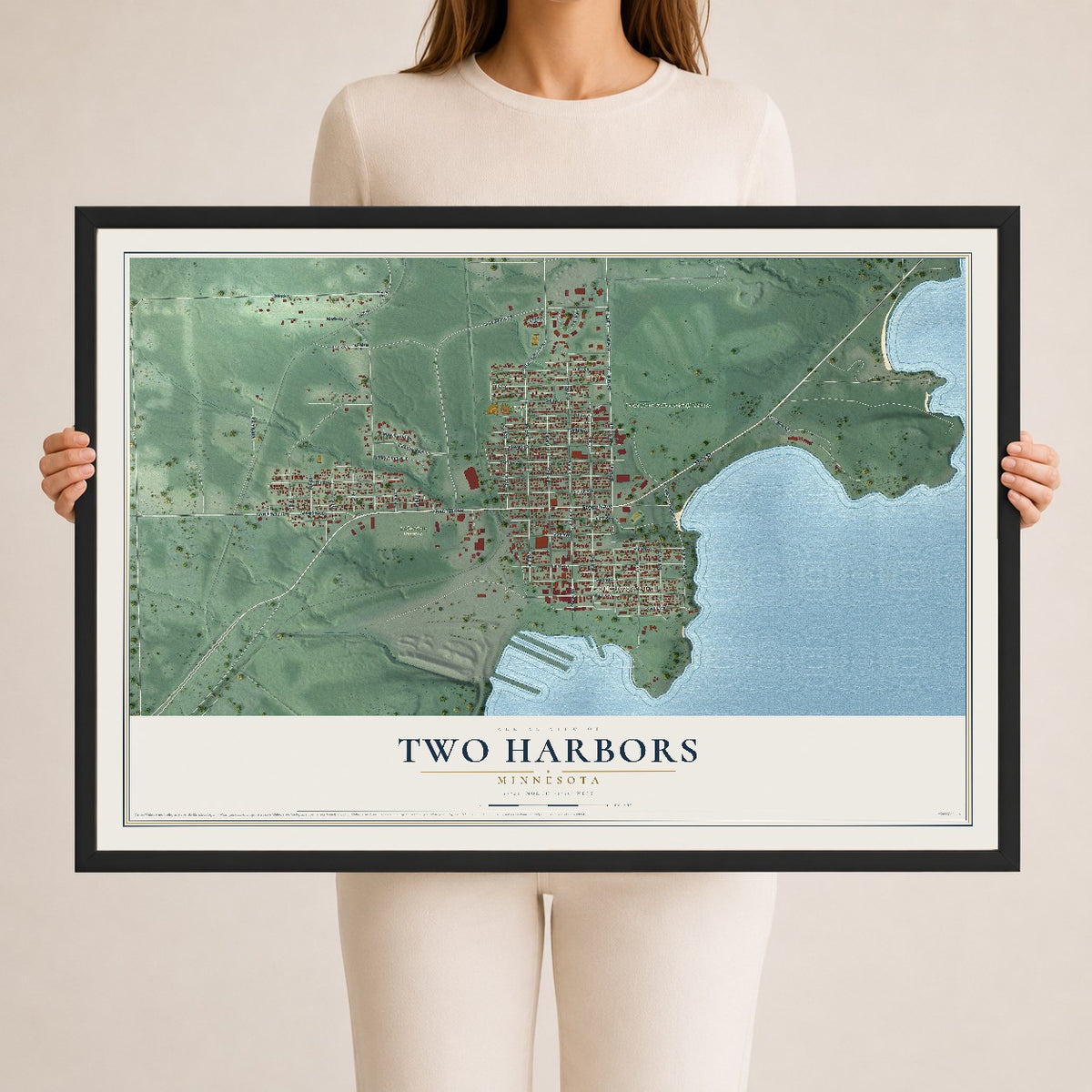 Map of Two Harbors, Minnesota, 24 x 36 inch print in a black wood frame
