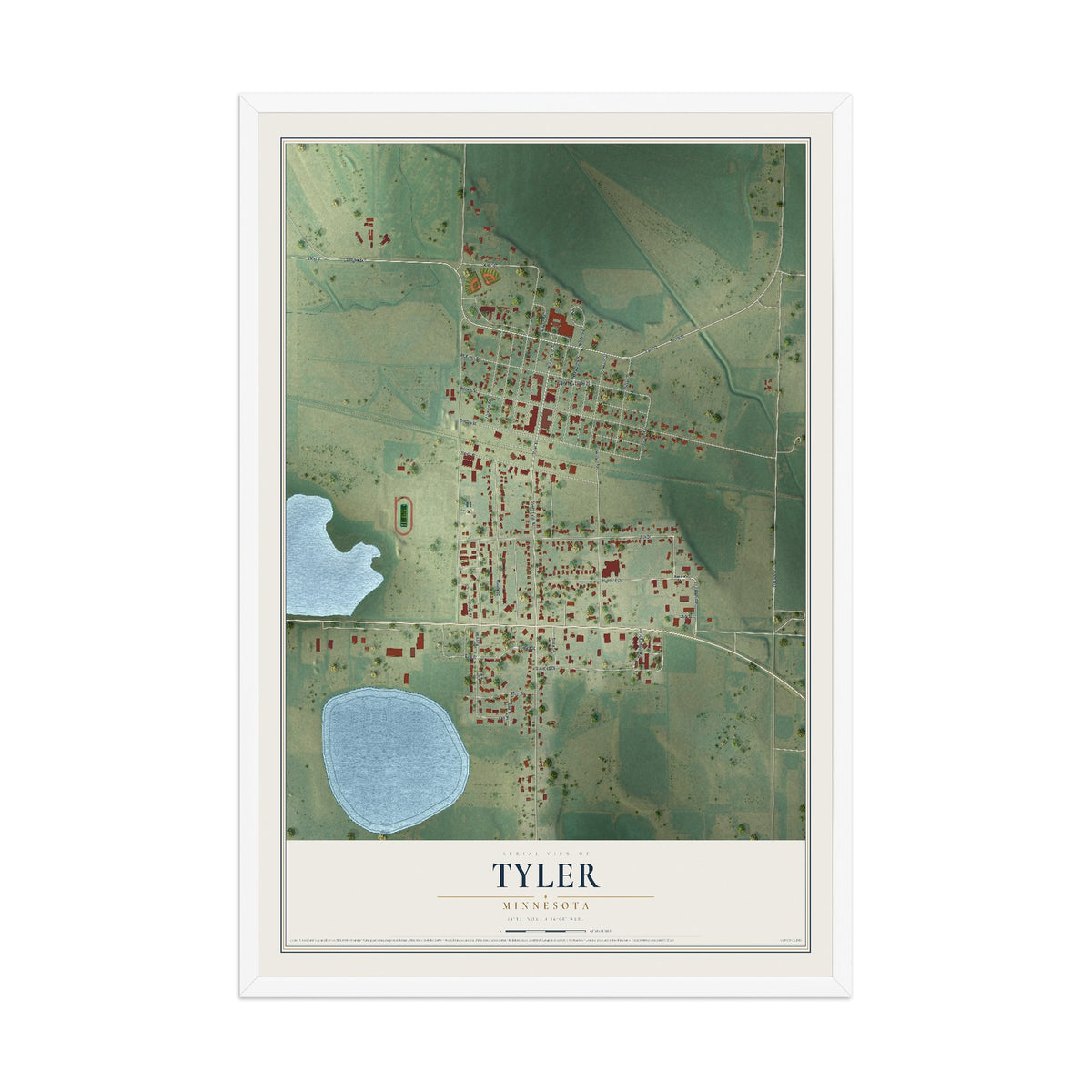 Map of Tyler, Minnesota, 12 x 18 inch print in a white wood frame