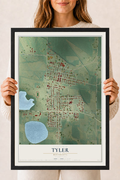 Map of Tyler, Minnesota, 18 x 24 inch print in a black wood frame