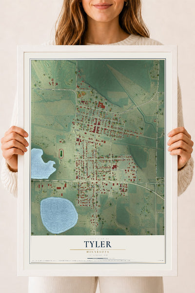 Map of Tyler, Minnesota, 18 x 24 inch print in a white wood frame