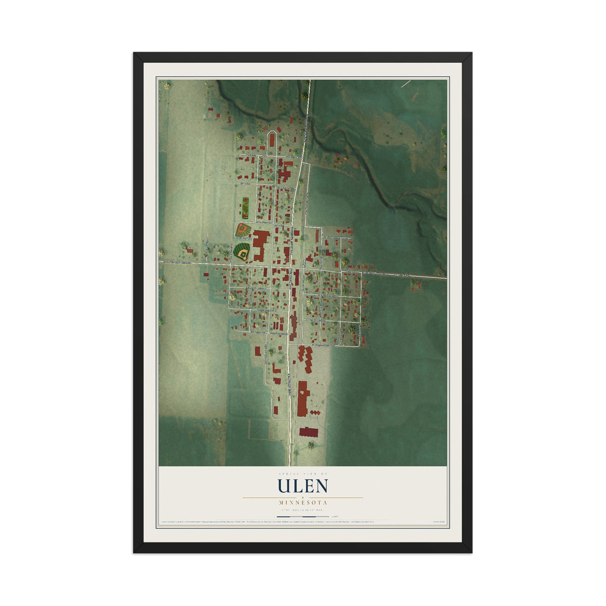 Map of Ulen, Minnesota, 12 x 18 inch print in a black wood frame