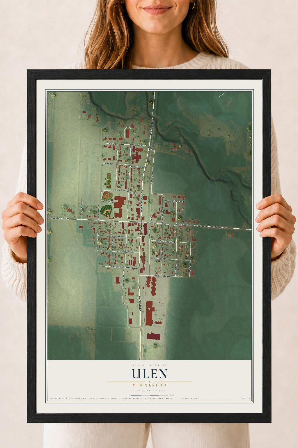 Map of Ulen, Minnesota, 18 x 24 inch print in a black wood frame
