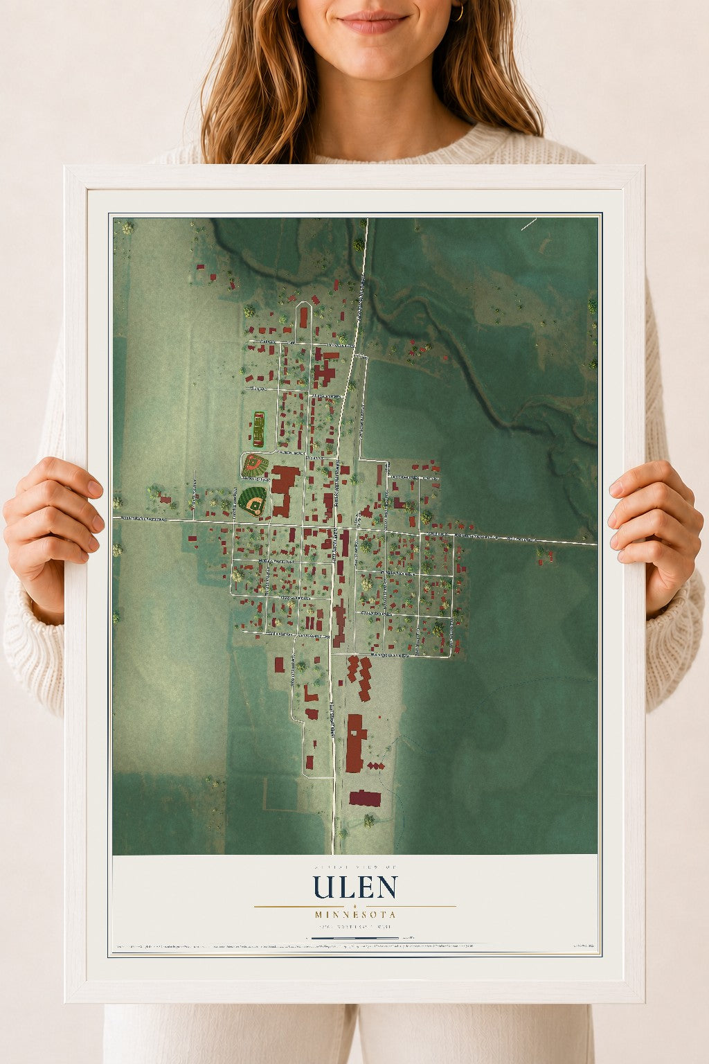 Map of Ulen, Minnesota, 18 x 24 inch print in a white wood frame
