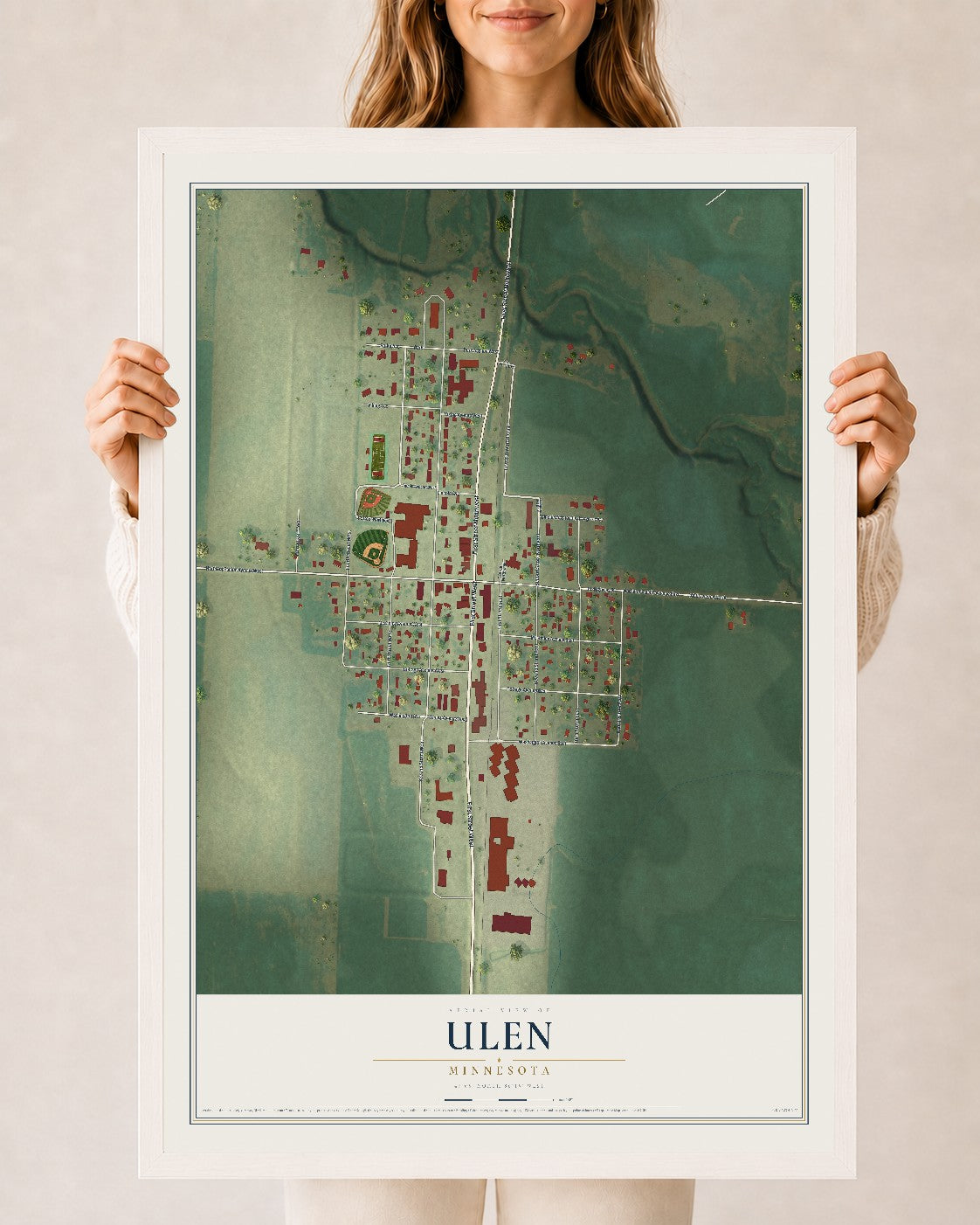 Map of Ulen, Minnesota, 24 x 36 inch print in a white wood frame