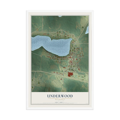 Map of Underwood, Minnesota, 12 x 18 inch print in a white wood frame