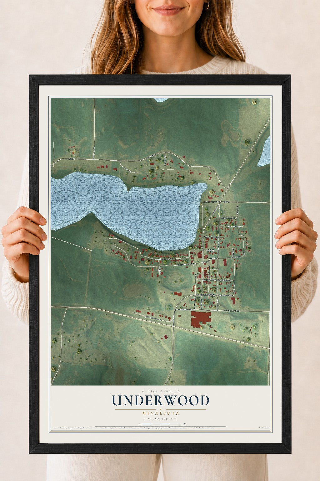 Map of Underwood, Minnesota, 18 x 24 inch print in a black wood frame
