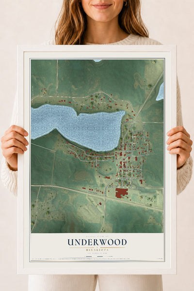 Map of Underwood, Minnesota, 18 x 24 inch print in a white wood frame