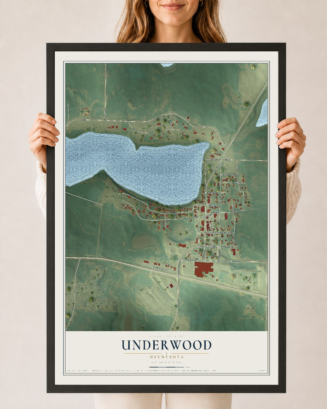 Map of Underwood, Minnesota, 24 x 36 inch print in a black wood frame
