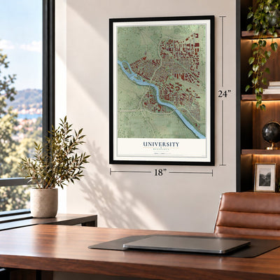 University, Minnesota map, 18 x 24 inch print in a black frame in a home office