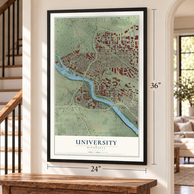 University, Minnesota map, 24 x 36 inch print in a black frame by a staircase