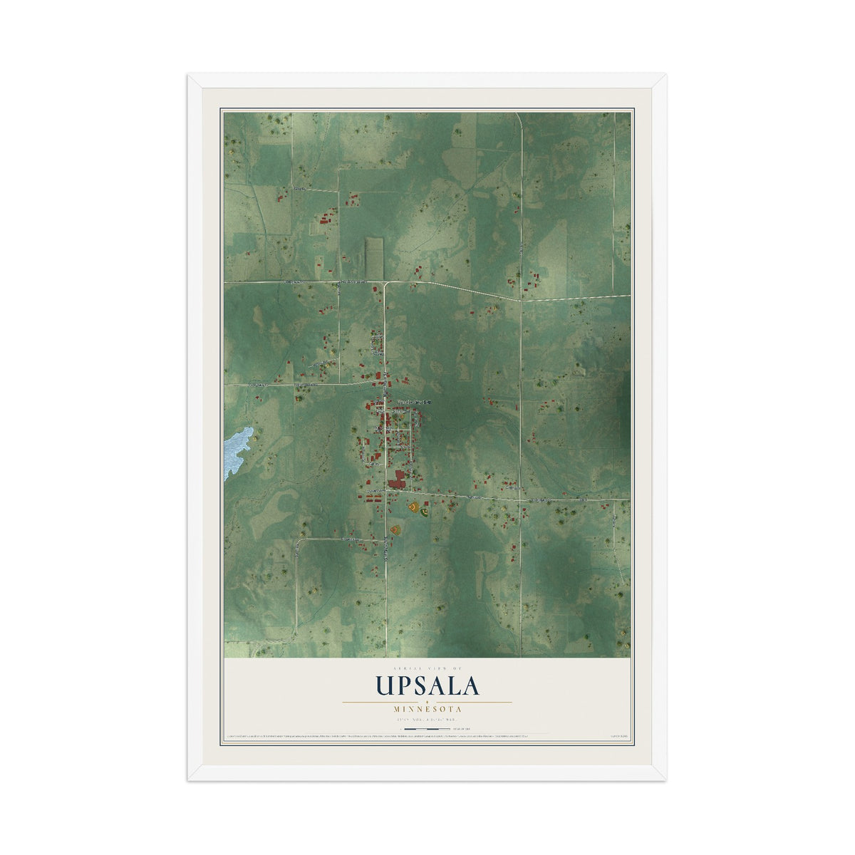 Map of Upsala, Minnesota, 12 x 18 inch print in a white wood frame