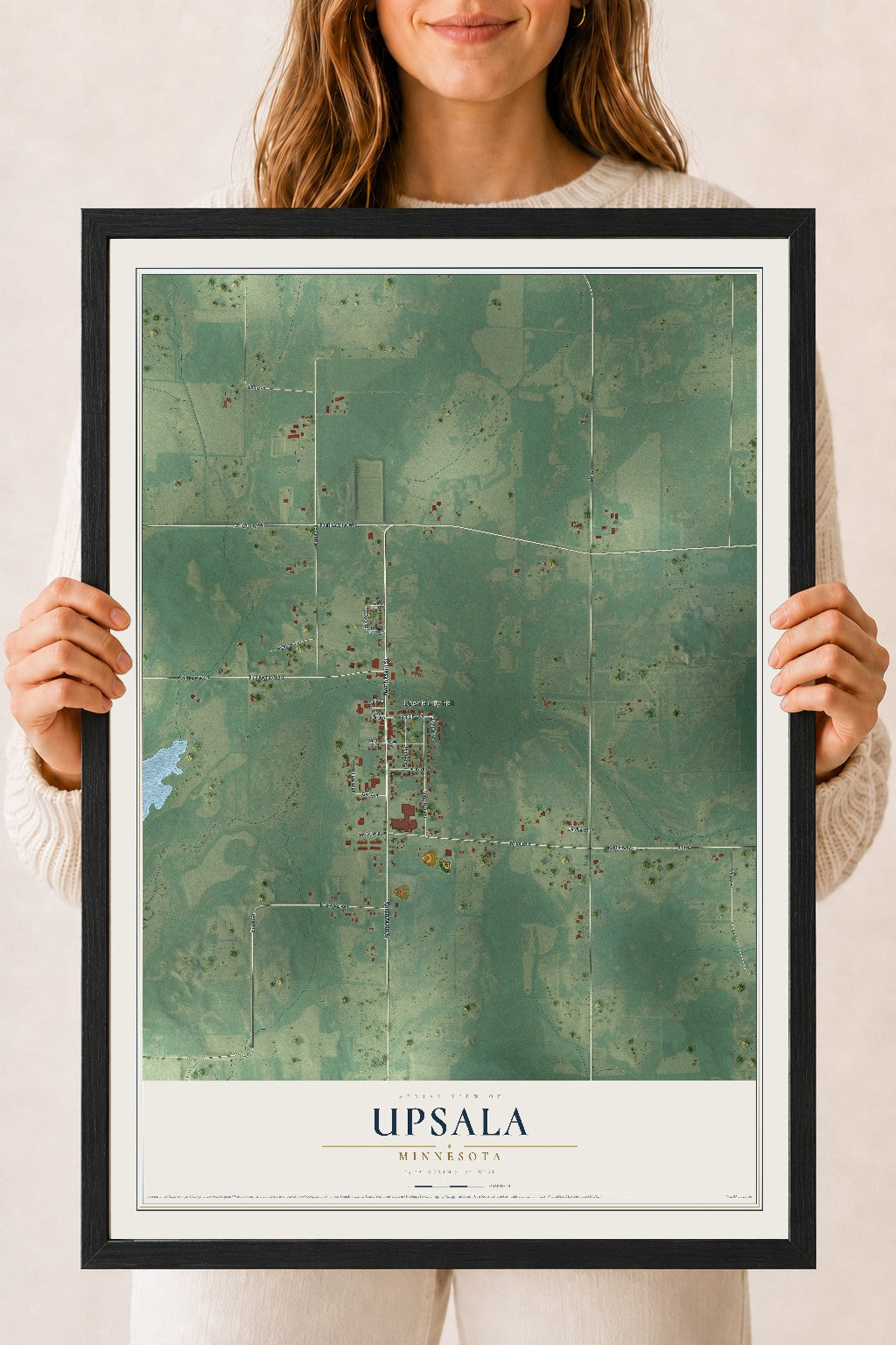 Map of Upsala, Minnesota, 18 x 24 inch print in a black wood frame