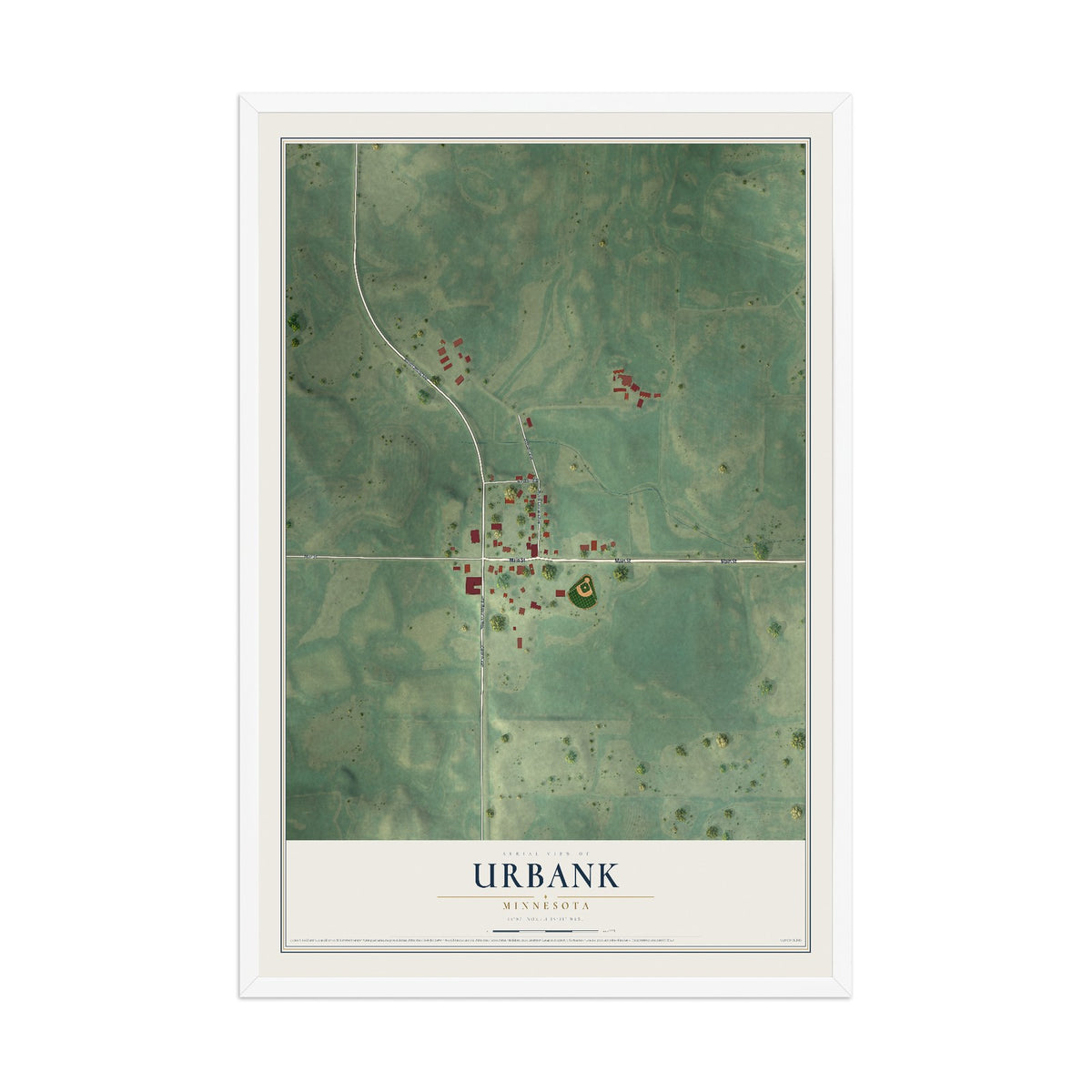 Map of Urbank, Minnesota, 12 x 18 inch print in a white wood frame