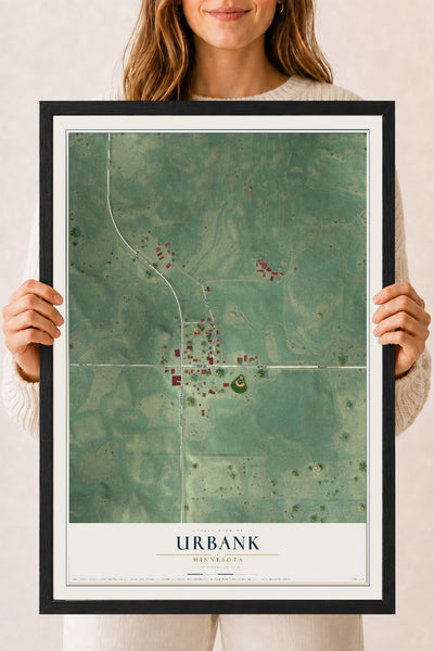 Map of Urbank, Minnesota, 18 x 24 inch print in a black wood frame