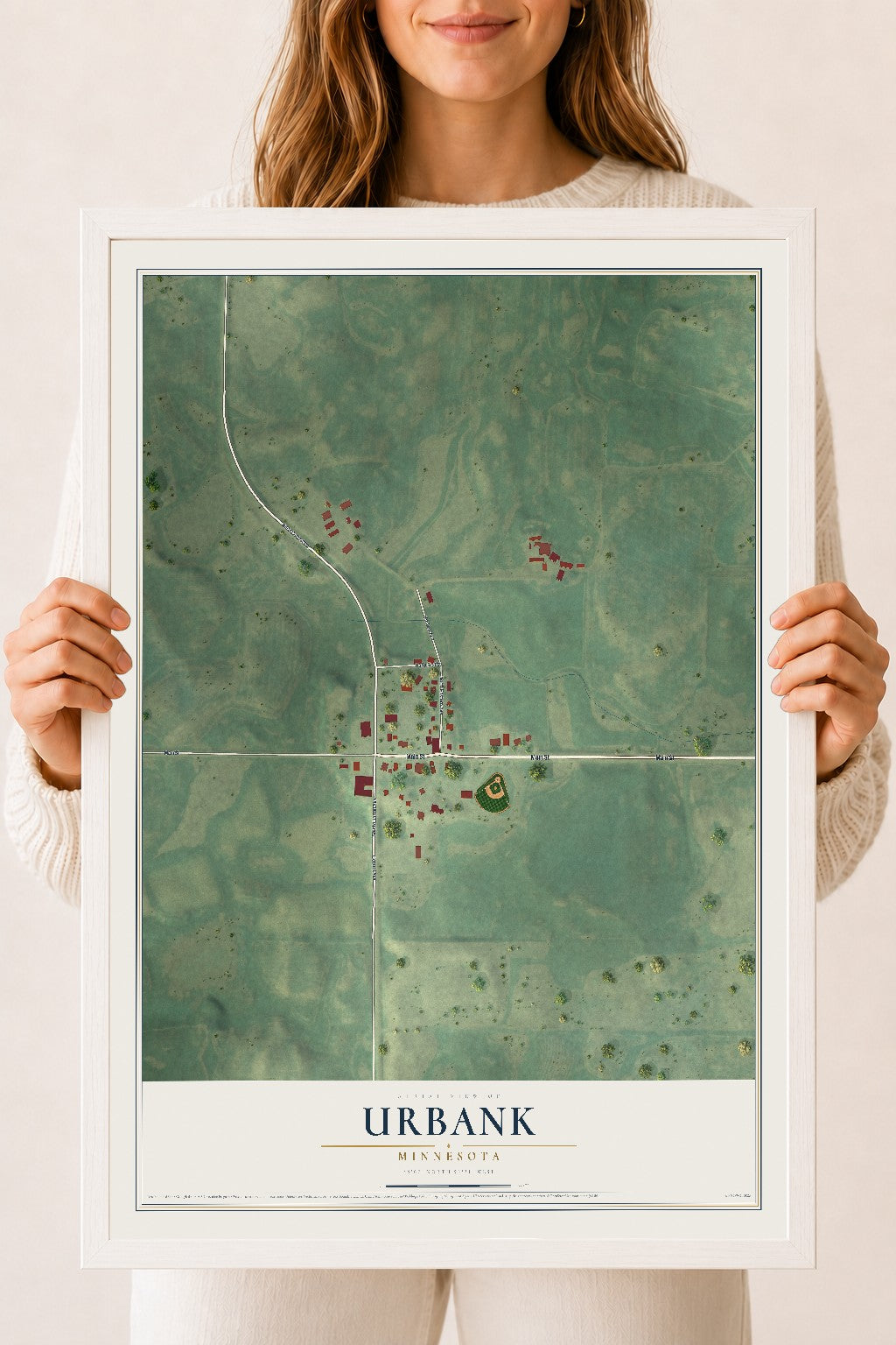 Map of Urbank, Minnesota, 18 x 24 inch print in a white wood frame