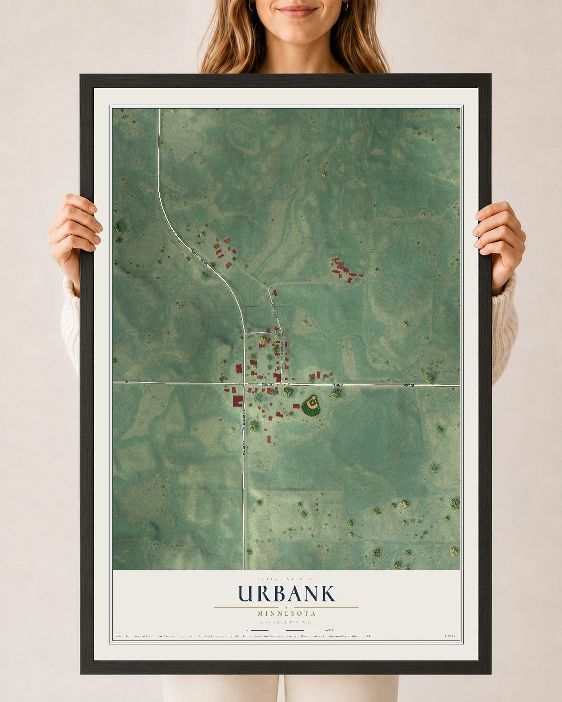 Map of Urbank, Minnesota, 24 x 36 inch print in a black wood frame