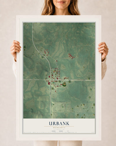 Map of Urbank, Minnesota, 24 x 36 inch print in a white wood frame