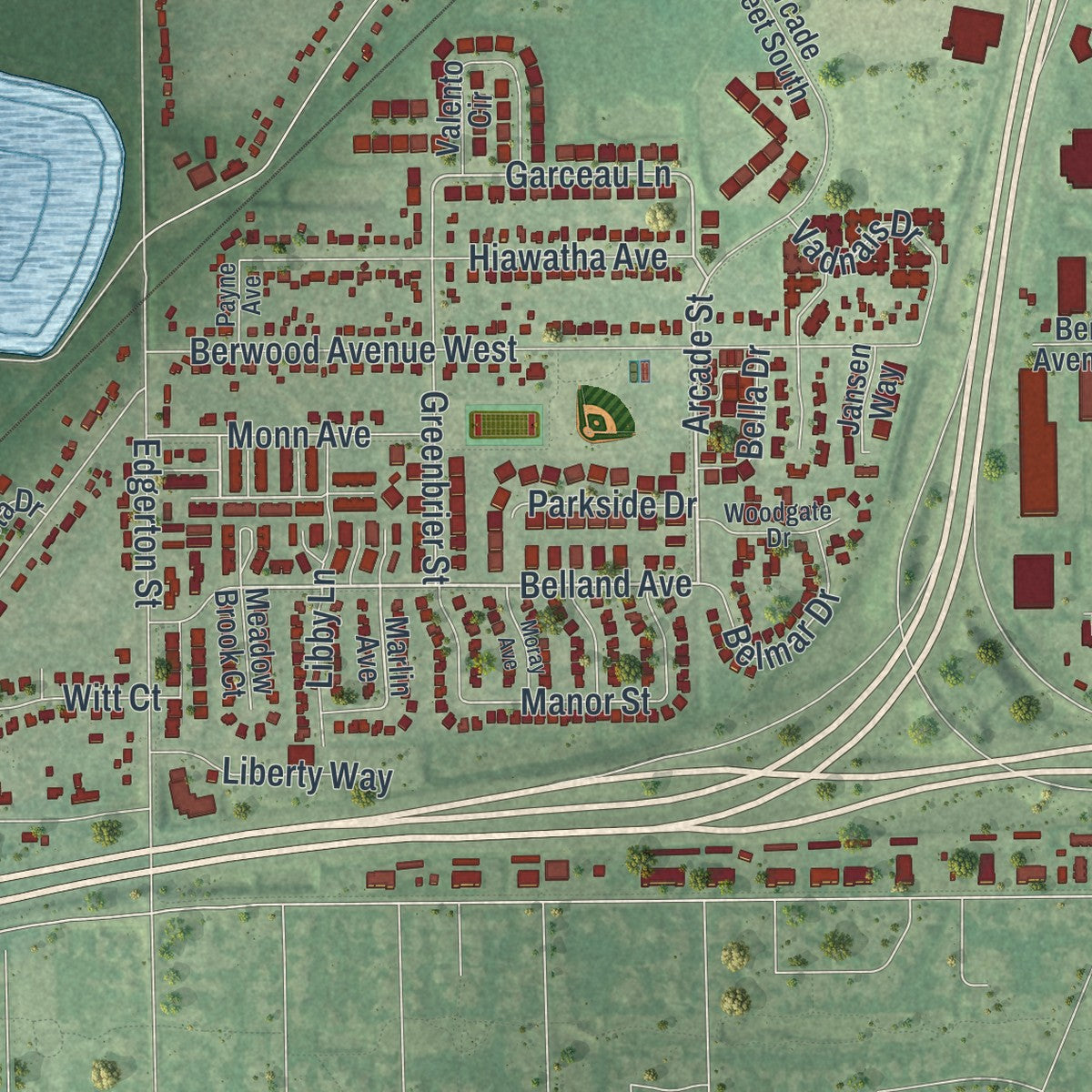 Close-up of the map of Vadnais Heights, Minnesota print showing street and building detail
