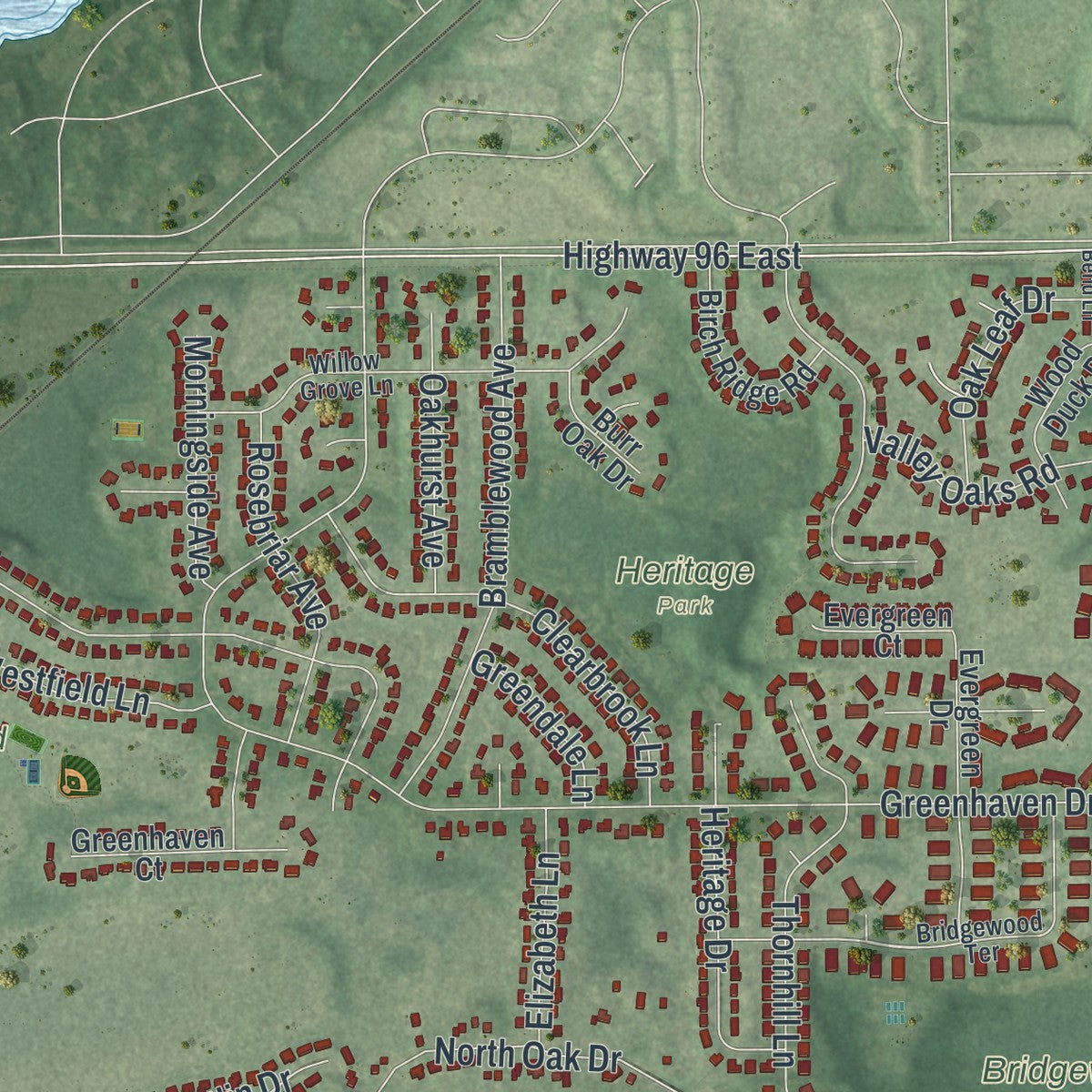 Second close-up of the map of Vadnais Heights, Minnesota print showing more streets and buildings