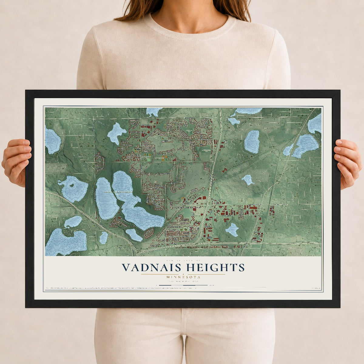 Map of Vadnais Heights, Minnesota, 12 x 18 inch print in a black wood frame
