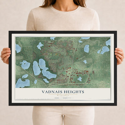 Map of Vadnais Heights, Minnesota, 12 x 18 inch print in a black wood frame